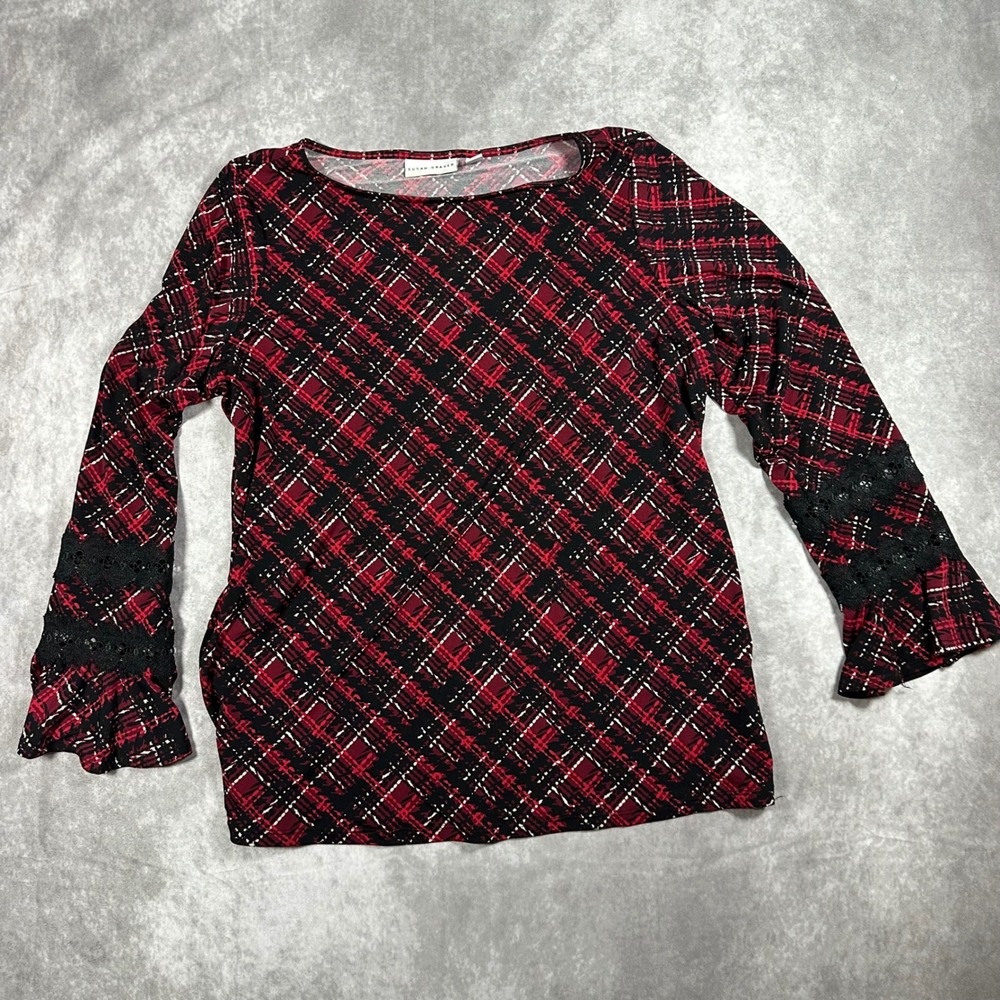 Susan Graver Blouse Medium‎ Red Black Plaid Flare Sleeve Lace Detail Career Top